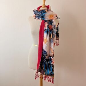 Silk Floral Patterned Scarf with Red Accent